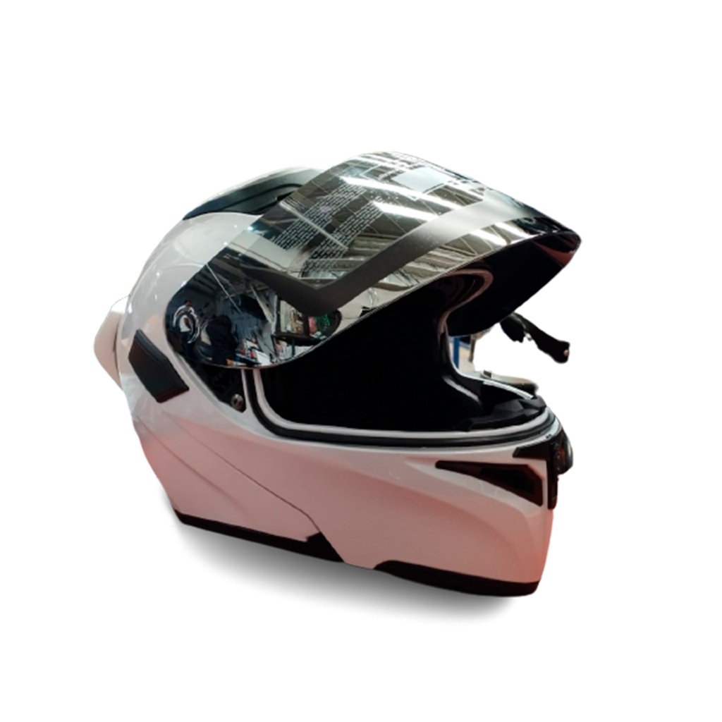 CASCO ABATIBLE HALF CERTIFICADO DOT C/LUZ TRASERA RECARGABLE Y DOBLE VISOR MICA ESPEJO YANG / BLANCO BRILLANTE 5Vcc