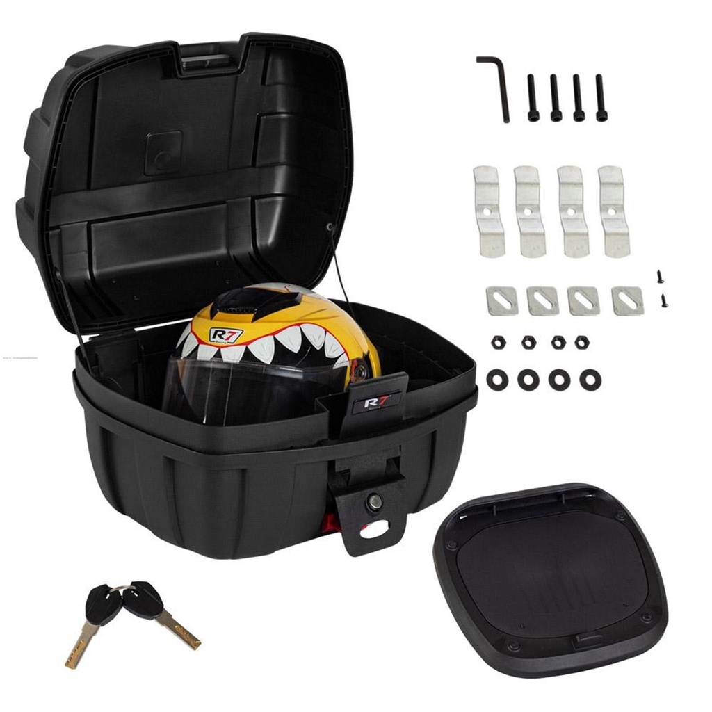 BAUL TRASERO MOTOCICLETA R7 RACING NEGRO PLASTICO 37 LTS C/RESPALDO