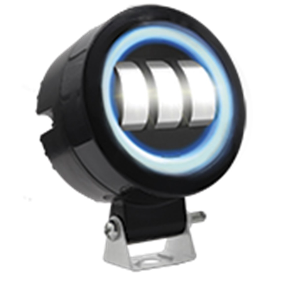 FARO AUXILIAR LED CON LUPA REDONDO CON 3 LED OJO DE ANGEL AZUL CON LUZ BLANCA FIJA Y ESTROBO